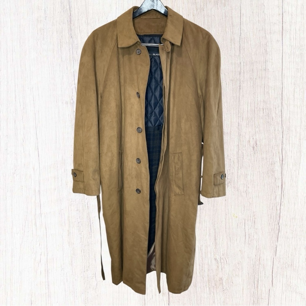 VTG BILL BLASS Men’s Faux Belted Suede‎ Trench Coat Zip-In Quilted Lining, 42L